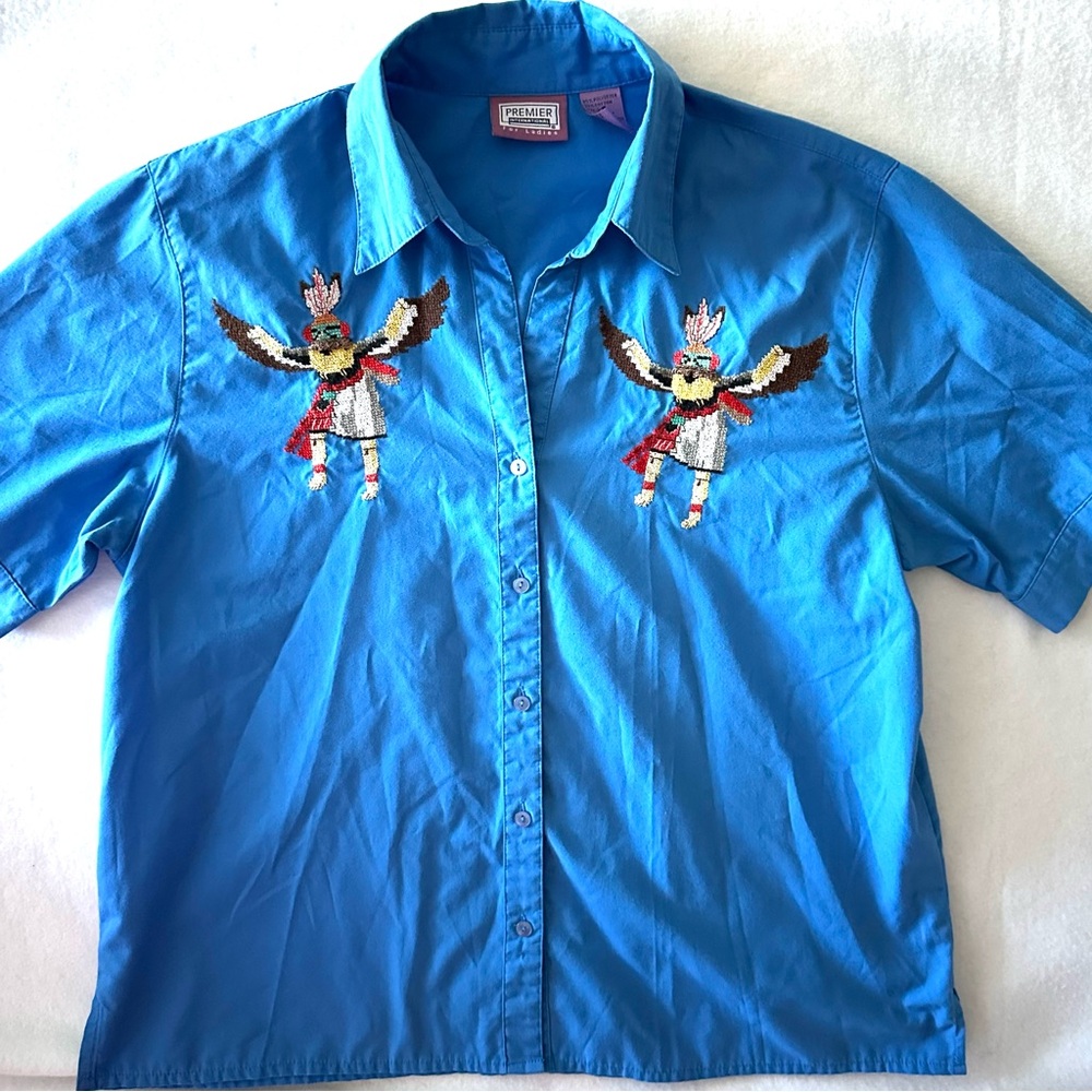 Native American Women’s Large Blue‎ Shirt Premier International Southwestern 3D
